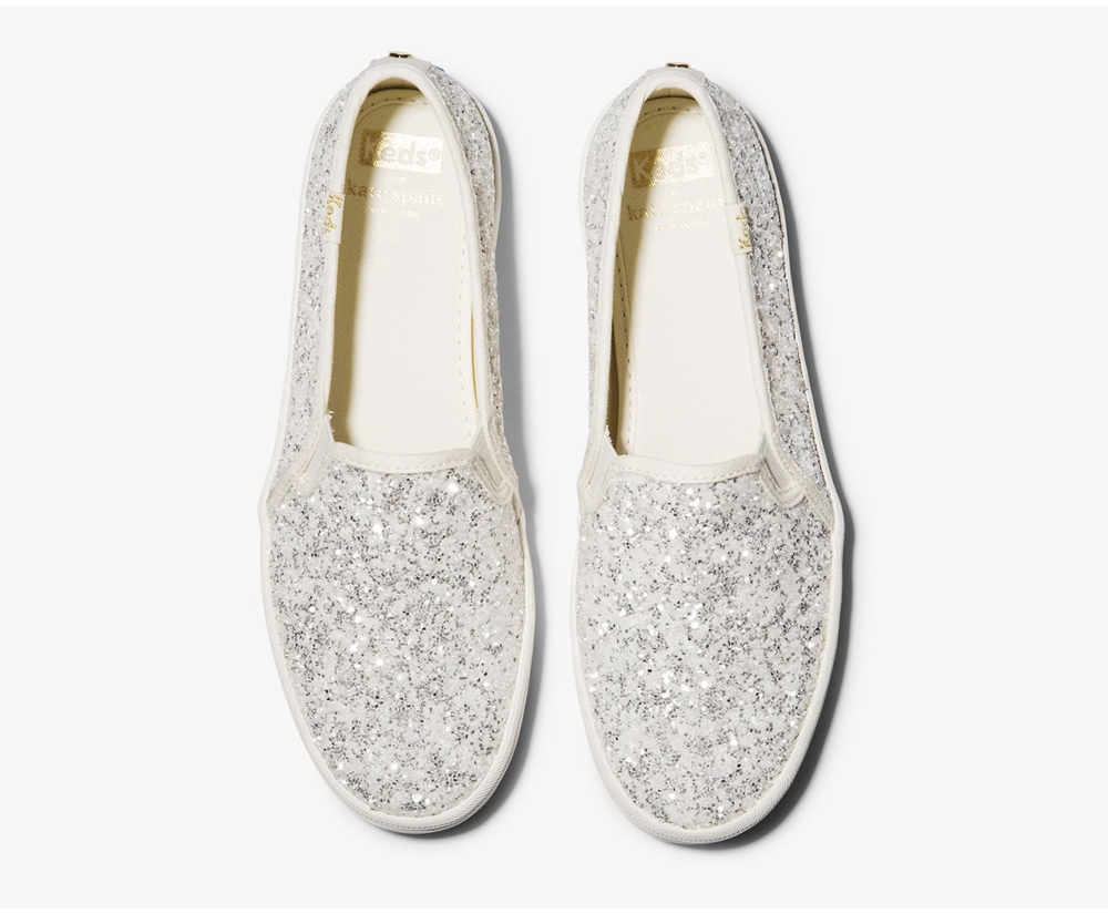 Slip On Γυναικεια - Keds Kate Spade New York Double Decker Glitter - Λευκα - PDMGF2419